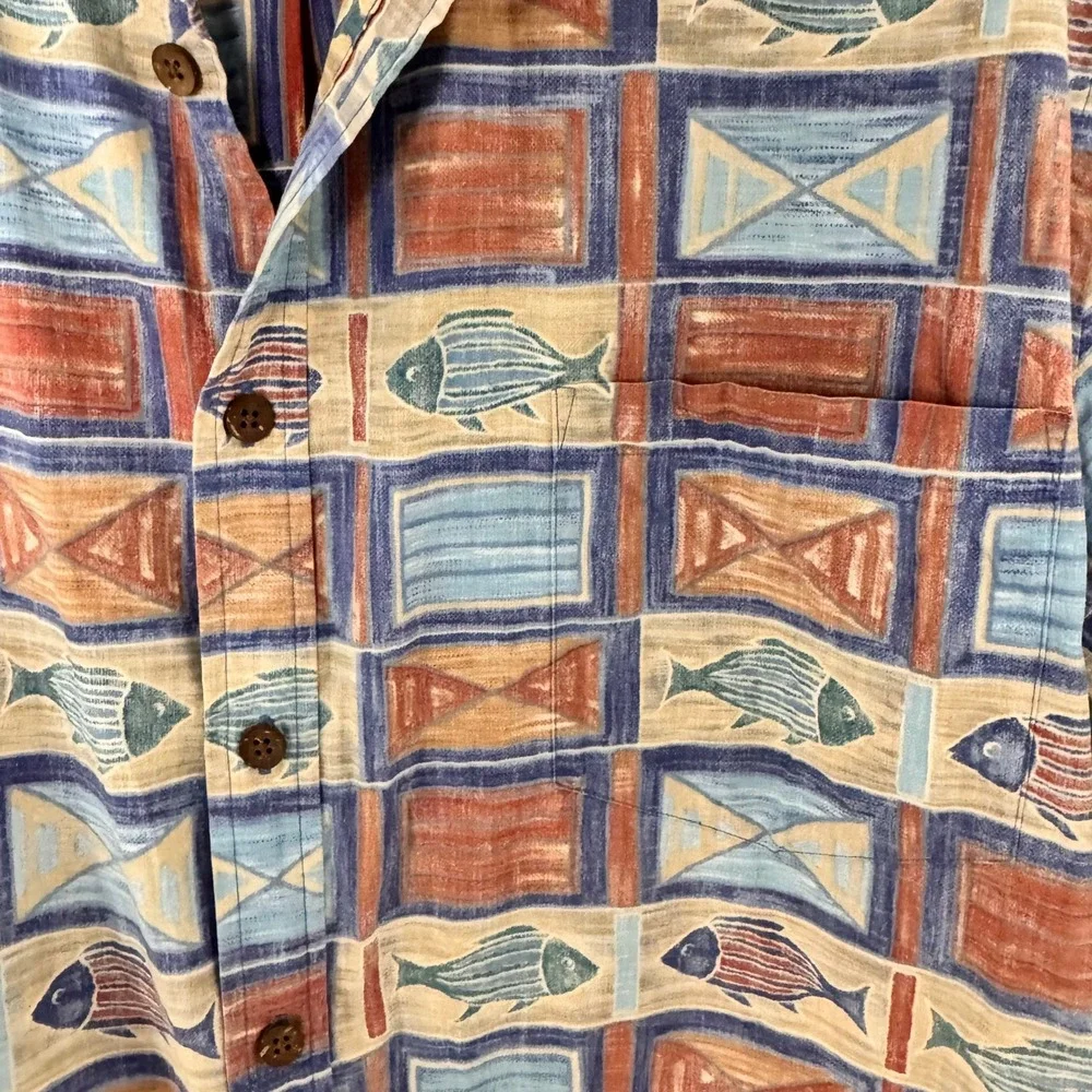 Cooke Street Honolulu Mens XL Cotton Geometric Fish‎ Print Shirt Blue